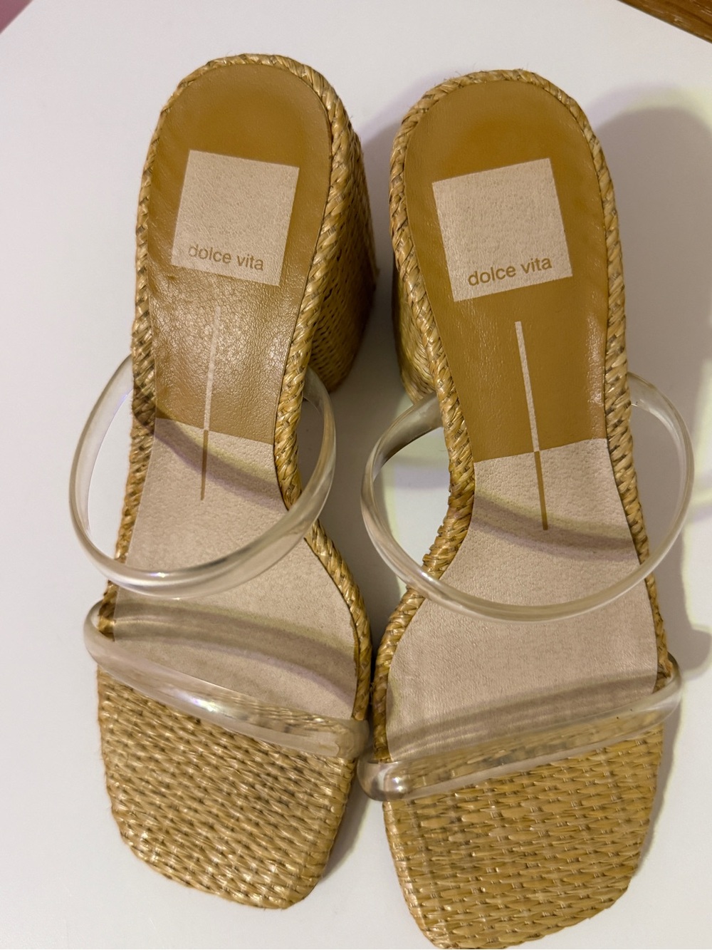 Dolce Vita Tan Woven Wedge Sandals with Clear Straps